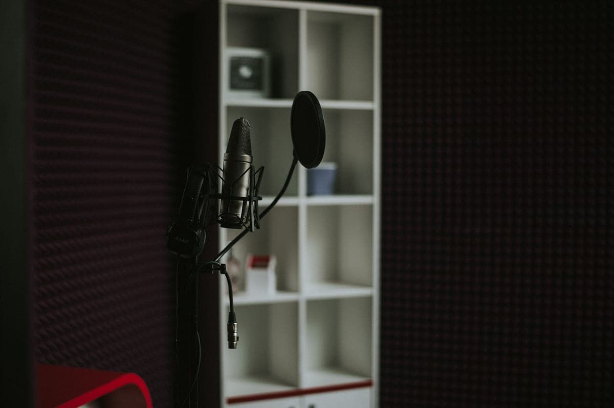 A microphone inside a curved portable reflection shield on a stand